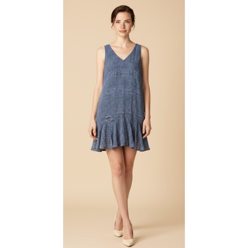 Lauren Ralph Lauren Blue Geometric Ruffle Shift Dress Size 4 Sleeveless V-Neck